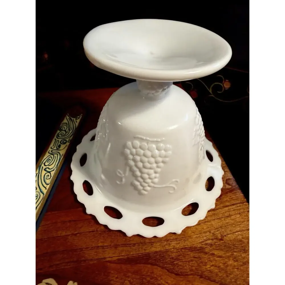 Vintage Milk Glass Covered Compote Candy Dish Grape Vine Pedestal Open Lace